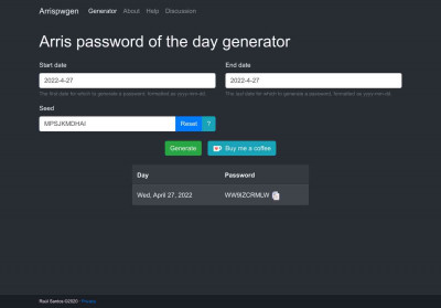 Arrispwgen - Password Of The Day generator for Arris modems Arrispwgen - Password Of The Day generator for Arris modems